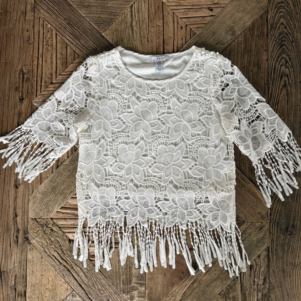 Bar III Lace Fringe Crop Women's White Top XXS
